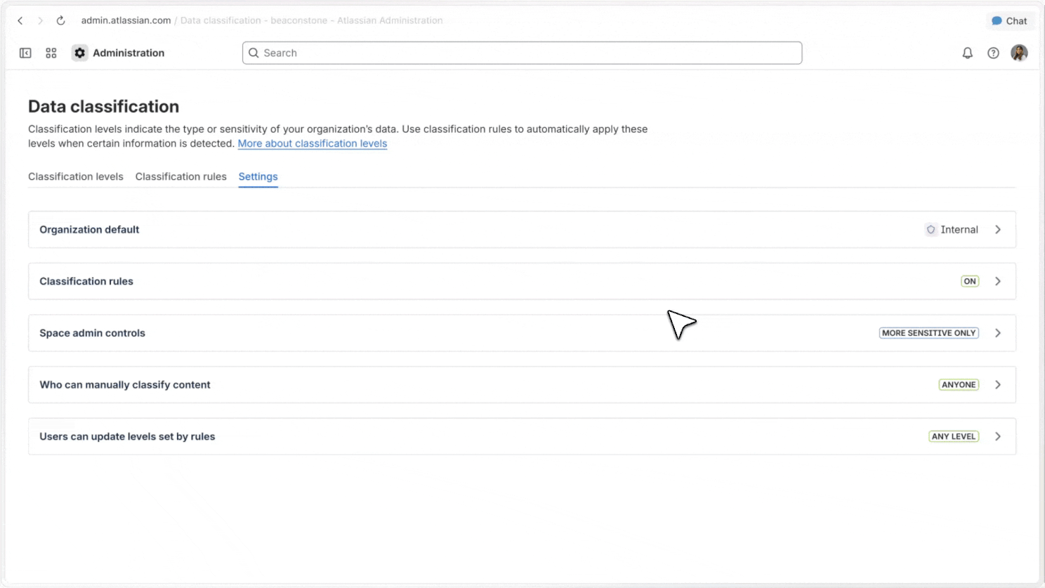 Data classification settings and reclassification controls